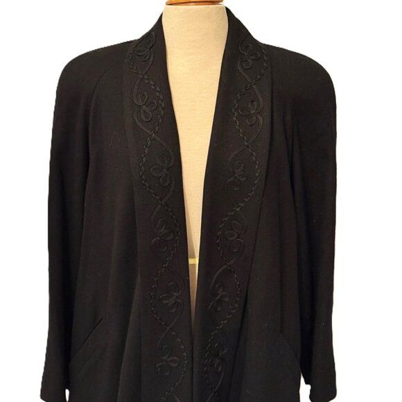 Vintage Alorna Coat Womens XL / 1X Black Wool Embroidered Open Front USA 60s - Picture 2 of 8